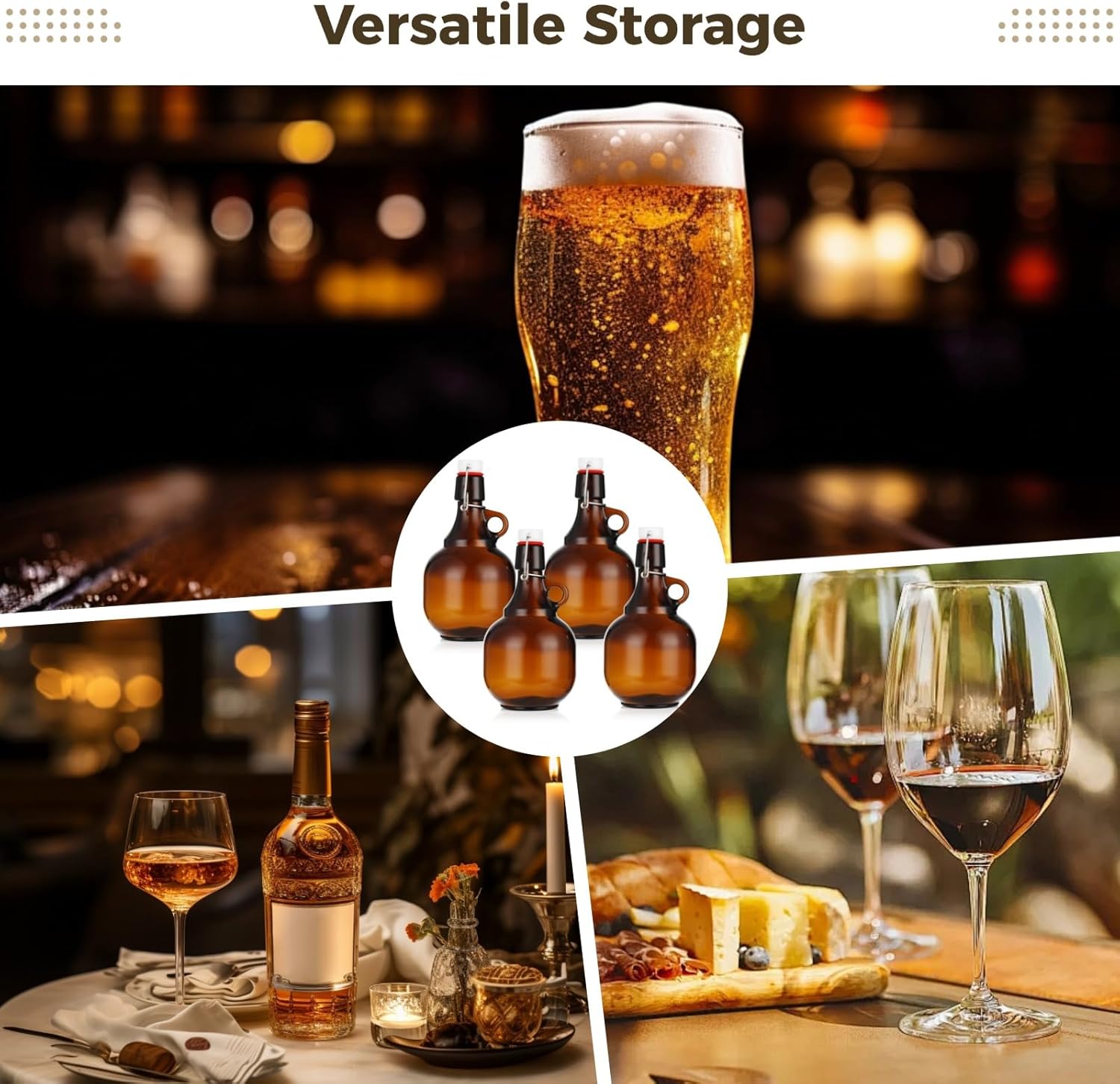 4 Pcs 34oz Beer Bottles for Home Brewing, Amber Glass Gallon Jugs with Airtight Swing Top, Flip Top Storage Bottles Set with Pourers, Funnels, Labels, Glass Containers for Home Brewing