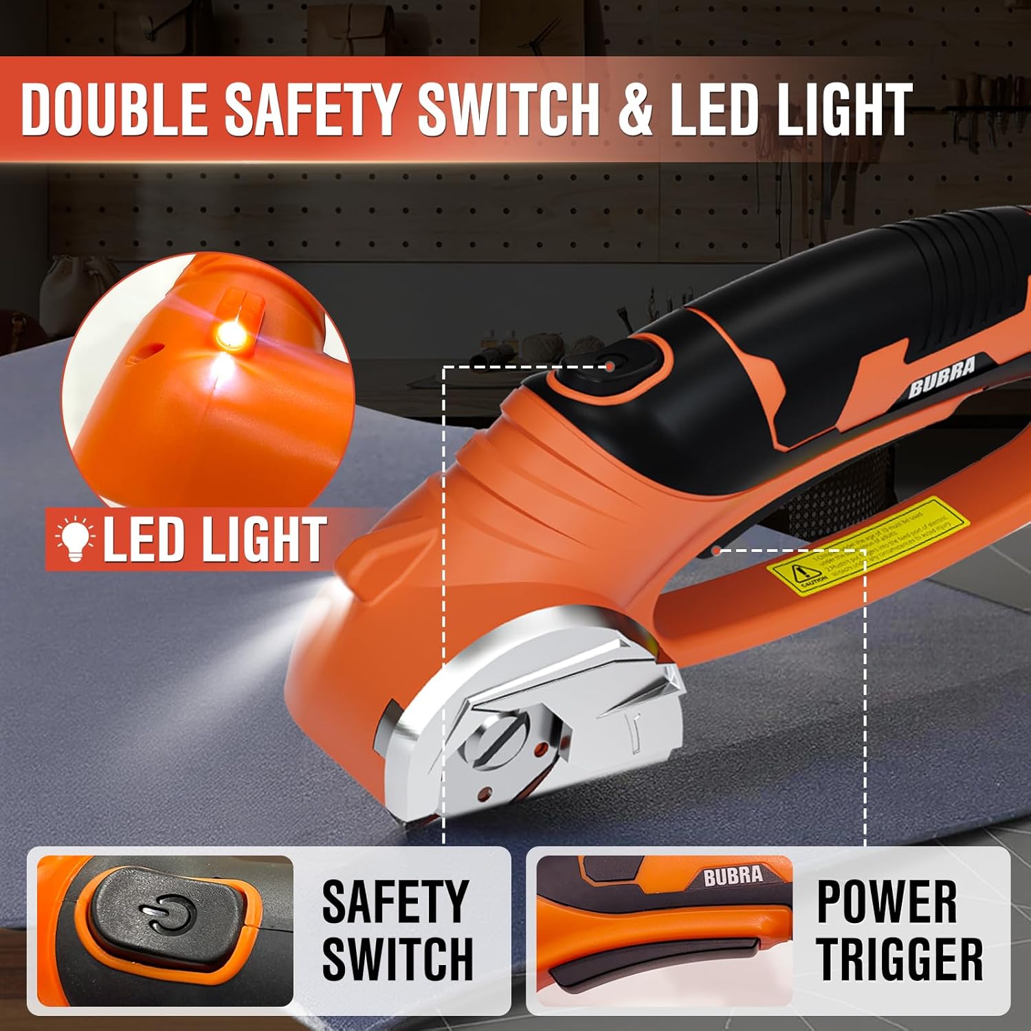 Cordless Electric Scissors 4V Rechargeable Cardboard Cutter with 4 SK5 Blades, 2000mAh Battery, LED Light, Electric Box Cutter 1/3” Cutting Capacity Power Cutter for Fabric Carpet Leather DIY - Orange