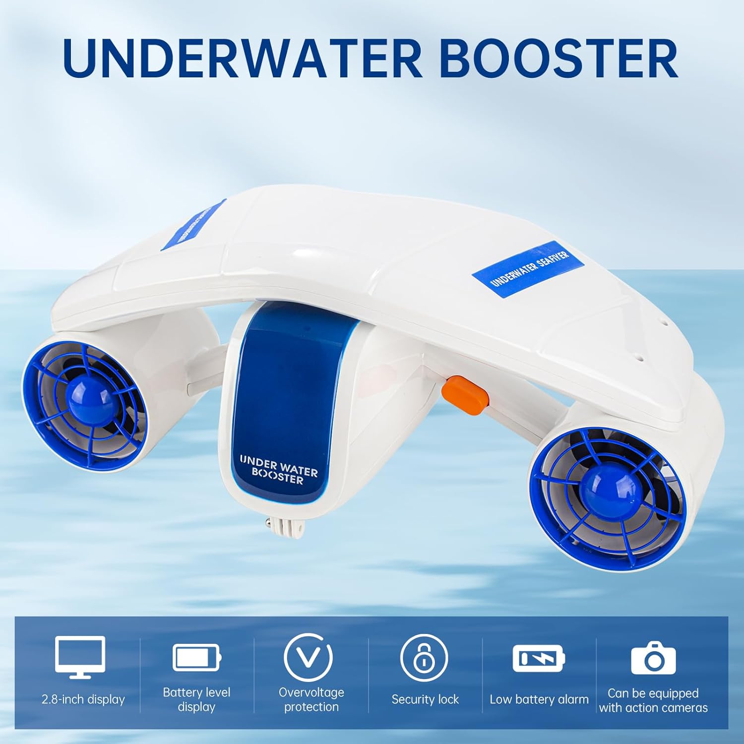 Underwater Scooter Dual Motors 12KG Thrust 20M Diving Depth 2.8" HD Display Underwater Booster with Camera Mount Safety Protection Replaceable Battery for Swimming Diving Snorkeling