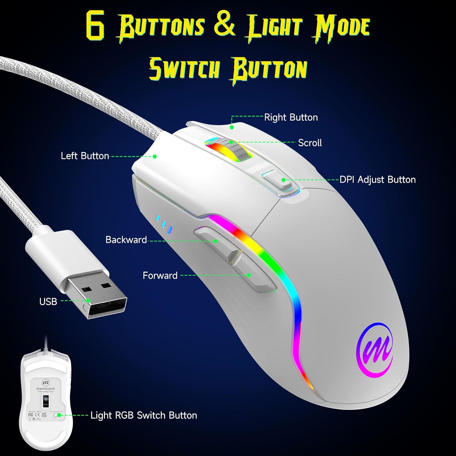 memzuoix Wired Gaming Mouse with RGB - 6 Adjustable DPI up to 12800, 6 Buttons, 12 Lighting Modes, Ergonomic Design with Anti-Slip Rubber Wheel, 5.6ft Braided Cable for PC/Mac/Windows - White