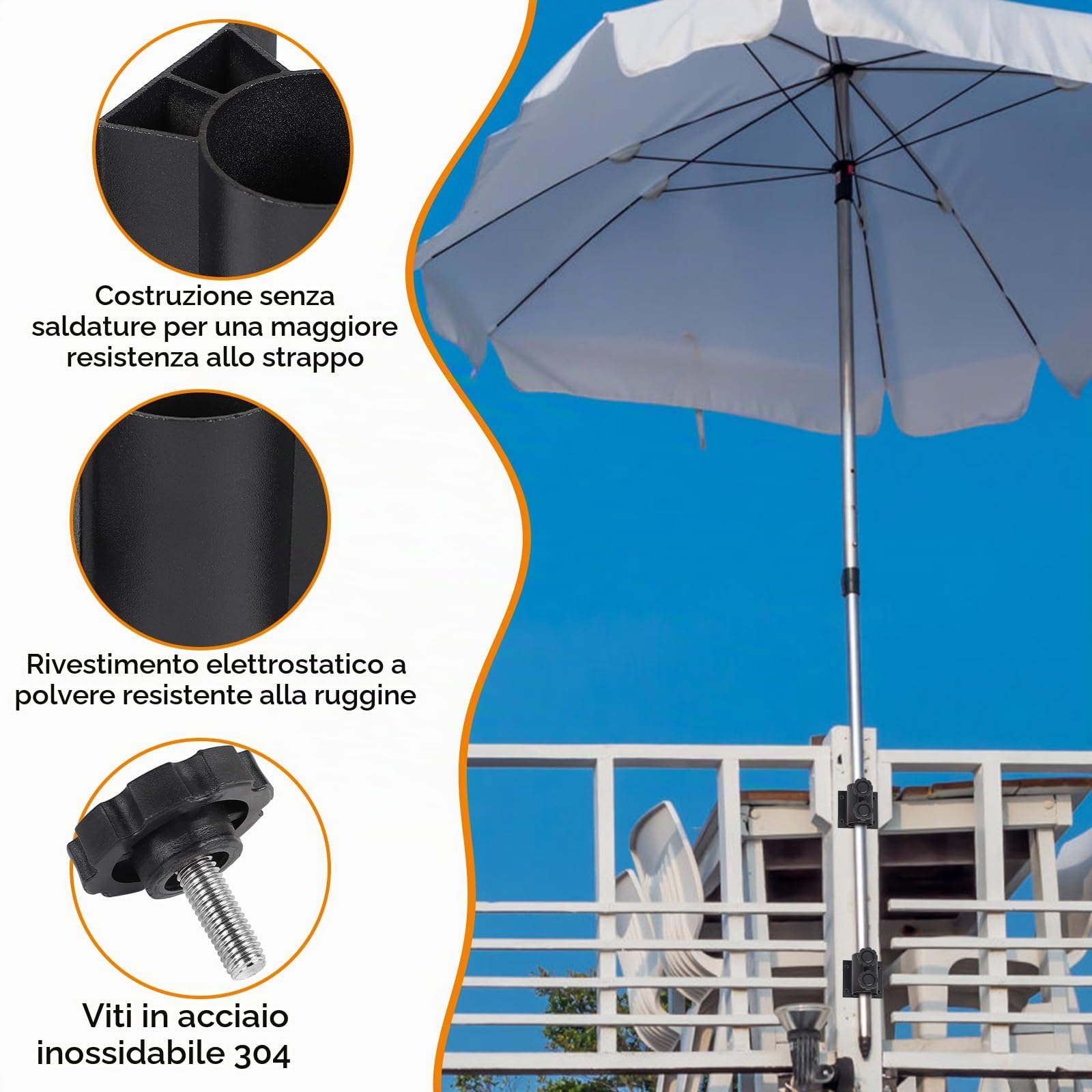 efuturetime 2 x Supporti Ombrellone da Balcone per Palo 33-50 mm con 8 Viti | Portaombrellone per Ringhiera, per Terrazza, Giardino e Bar