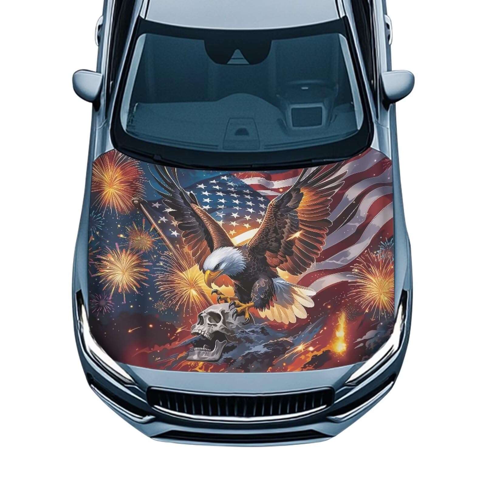 Eagle Skull Hood Covers for Cars American Flag Car Front Hood Cover with Elastic Band 4th of July Car Bonnet Banner UV Resistance Engine Cover Auto Accessory Decoration