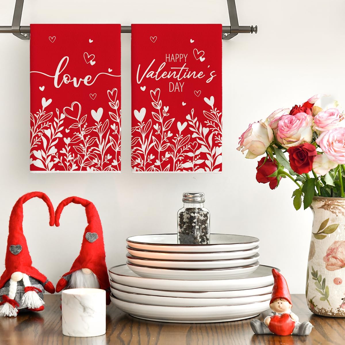 Artoid Mode Red Love Heart Floral Leaves Valentine's Kitchen Towels Dish Towels, 18x26 Inch Anniversary Wedding Decoration Cleaning Set of 2 - Image 6