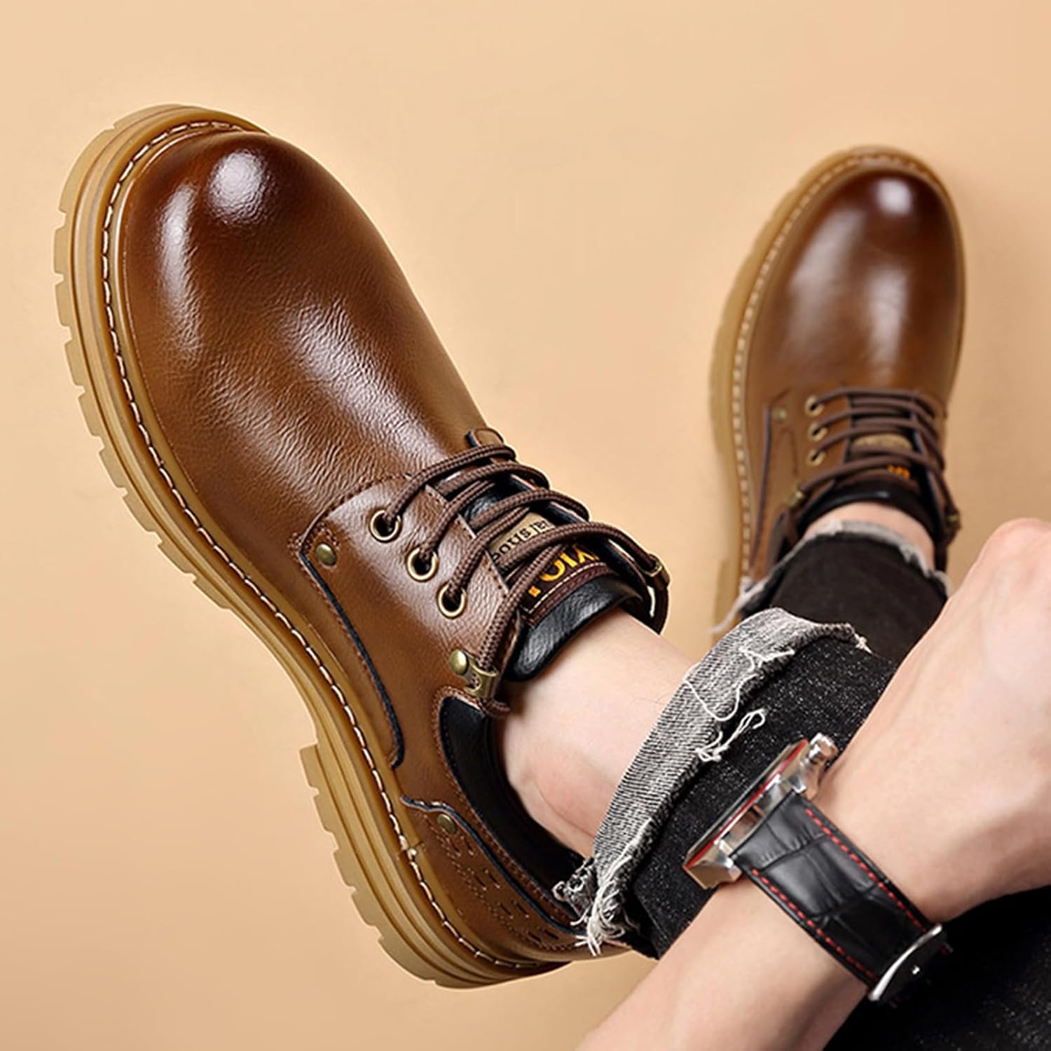 Men's Retro Leather Platform Lug Sole Oxfords Classic Soft Round Toe Chunky Heel Lace Up Formal Derby Shoes Office Driving Business Shoes