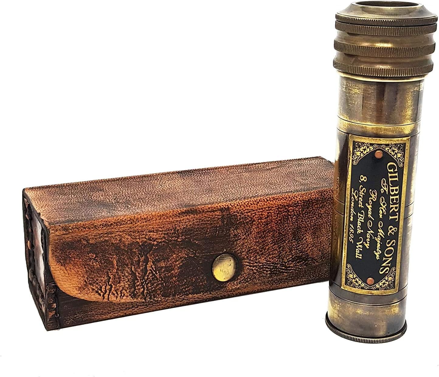 Nautical Brass 6 Inch Kaleidoscope with Vintage Leather Box – Gilbert & Sons 1895 Style Antique Style Kaleidoscope – Decorative Collectible Gift for Adults & Kids