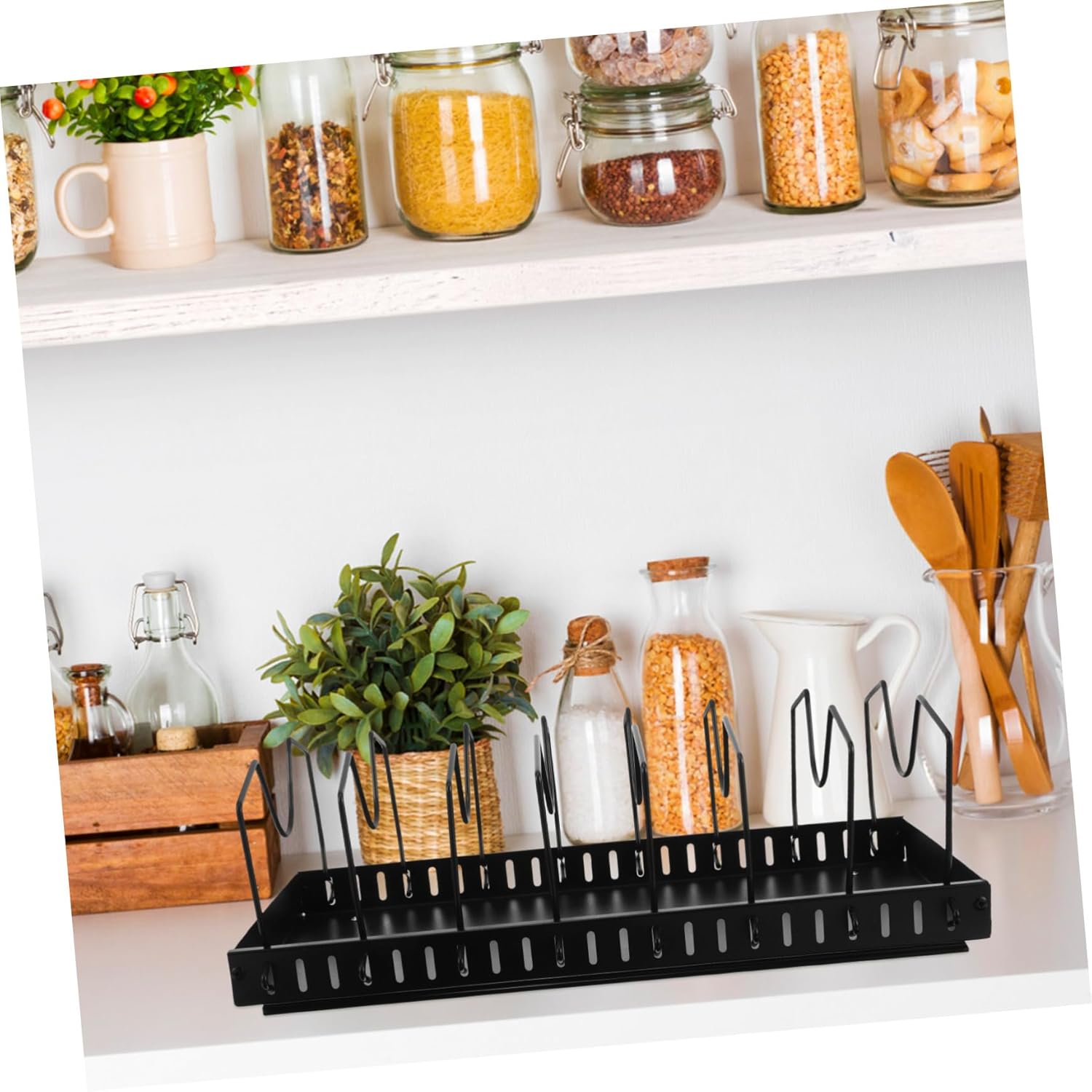 Adjustable Metal Pan Organizer with Dividers for Cabinet Sliding Bakeware Rack for Pot Lids and Pans Space-saving Kitchen Storage for Home Restaurant and Hotel Use