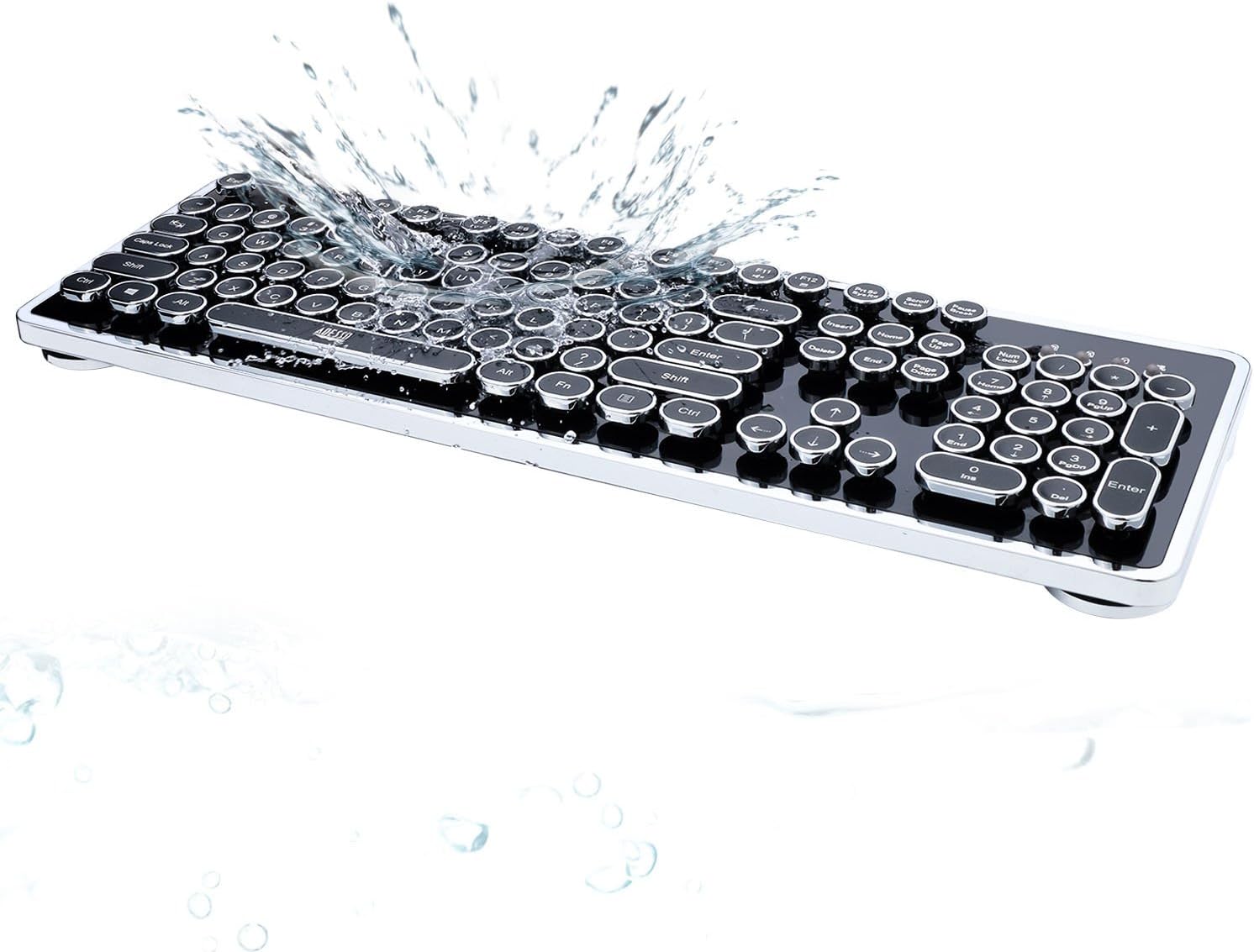 Adesso Retro Desktop Mechanical Typewriter-Style Keyboard Metal Base and Chrome Keycaps Anti Ghosting AKB-636UB Silver