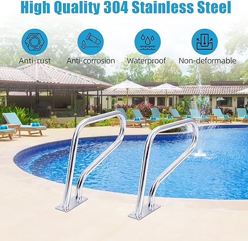 Miniatura 2 de Riel de piscina de 30 x 22 pulgadas, acero inoxidable 304, capacidad de carga de 250 libras, color plateado, a prueba de óxido, barandilla de