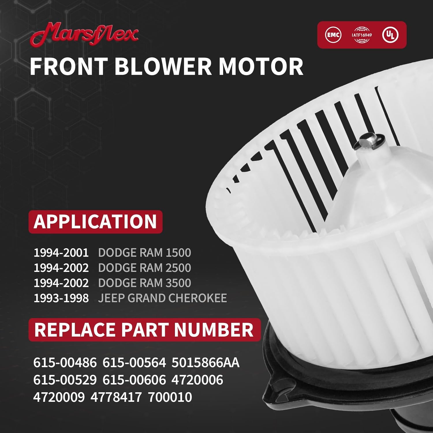 Marsflex Front Blower Motor 700010 for 1994-2002 Dodge Ram 1500 2500 2500, for 1993-1998 Jeep Grand Cherokee, 1995 1996 1997 1999 2000 2001 Automotive Replacement Blower Motor Fan OE: 5015866AA