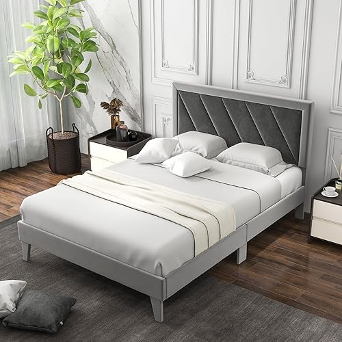 Miniatura 9 de Giantex Base de cama de terciopelo de tamaño individual con cabecero, moderna plataforma tapizada, base de colchón con 12 listones de madera