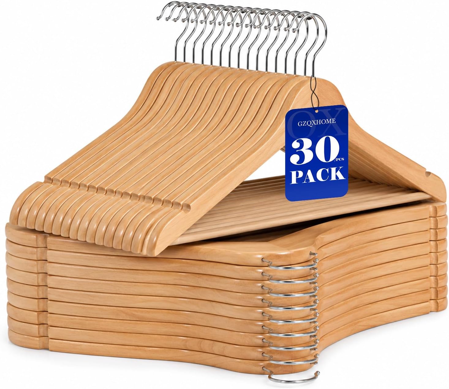 30 Pack Quality Wooden Hangers with Rotatable Hook for Coat Jacket | Space Saving Design,Slim and Smooth wood,Pants Bar and Shoulder Notches