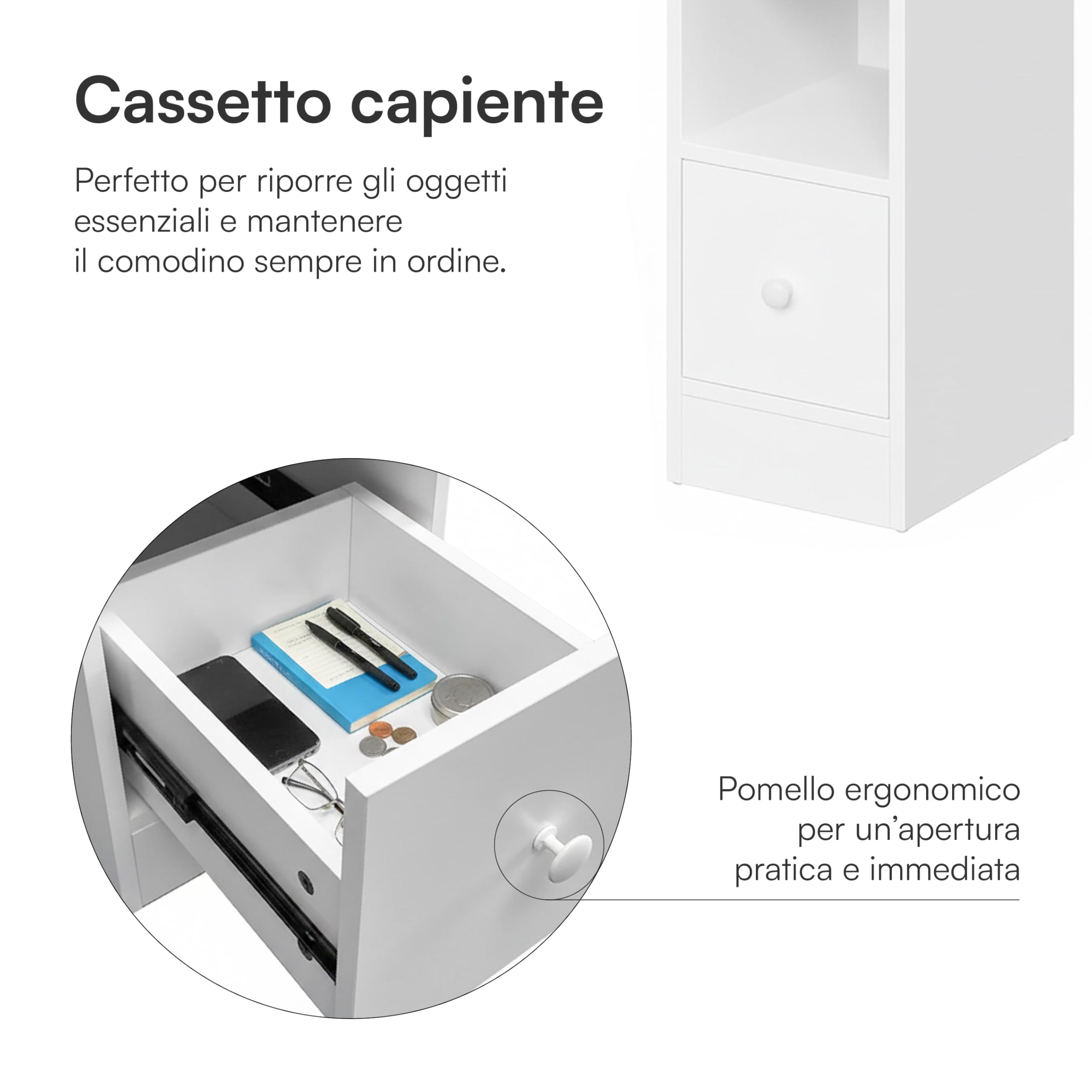 Baroni Home Set 2 Comodini Moderni con Cassetto e 2 Ripiani, Scomparto Superiore Aperto su Entrambi i Lati, Comodini Salvaspazio in MDF, Montaggio Facile. 25x30x66 cm (Bianco)
