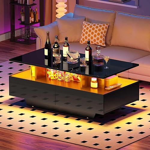 DWVO Mesa de Centro LED con Almacenamiento de 4 Cajones, Mesas de Centro Modernas de Alto Brillo para Sala de Estar, Mesa de Centro Rectangular