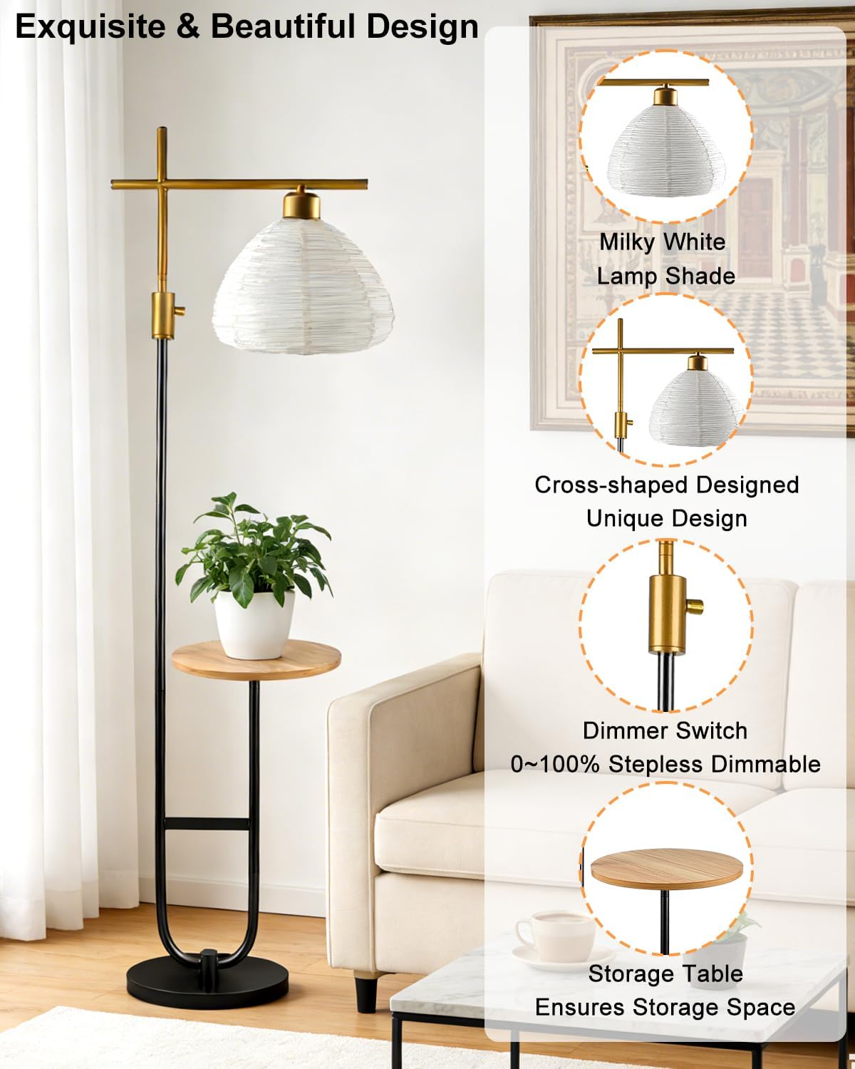 Lightdot 66IN Gold&Black Dimmable Floor Lamps with Storage Table, Modern Standing Tall Lamp with Milky White Globe Lampshade, Cross-Shaped Lamp Head and U-Pole Base Style for Living Room/Bedroom