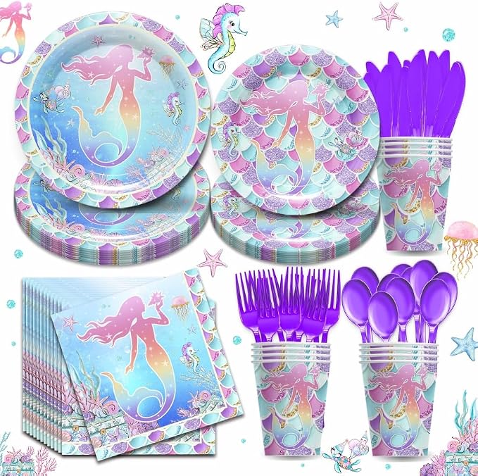 168Pcs Mermaid Birthday Party Supplies Set - Mermaid Birthday Decorations Include Plates, Napkins, Cups, Cutlery, for Baby Shower Ocean Party Decorations | Serves 24