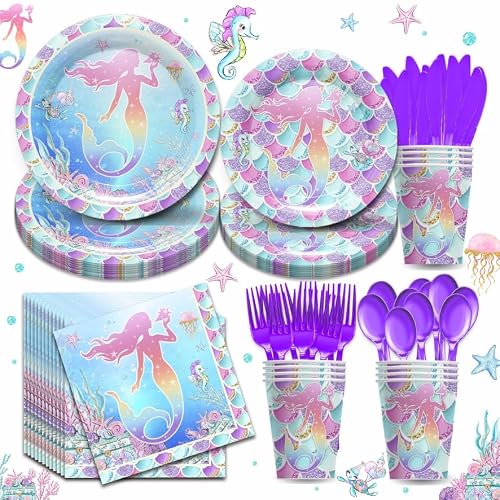 168Pcs Mermaid Birthday Party Supplies Set - Mermaid Birthday Decorations Include Plates, Napkins, Cups, Cutlery, for Baby Shower Ocean Party Decorations | Serves 24