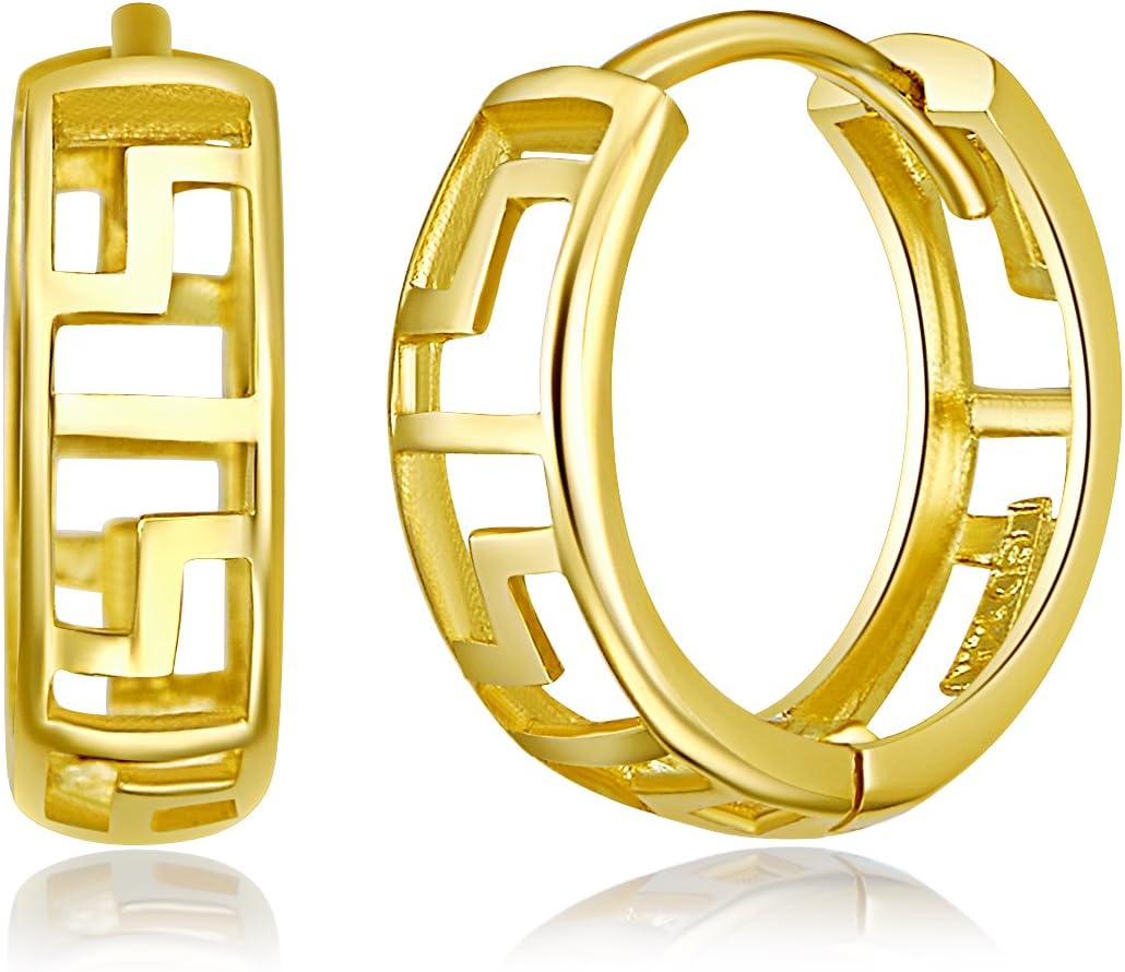 14k Yellow or White Gold 4mm Thickness Greek Key Huggies Earrings (12 x 12 mm)