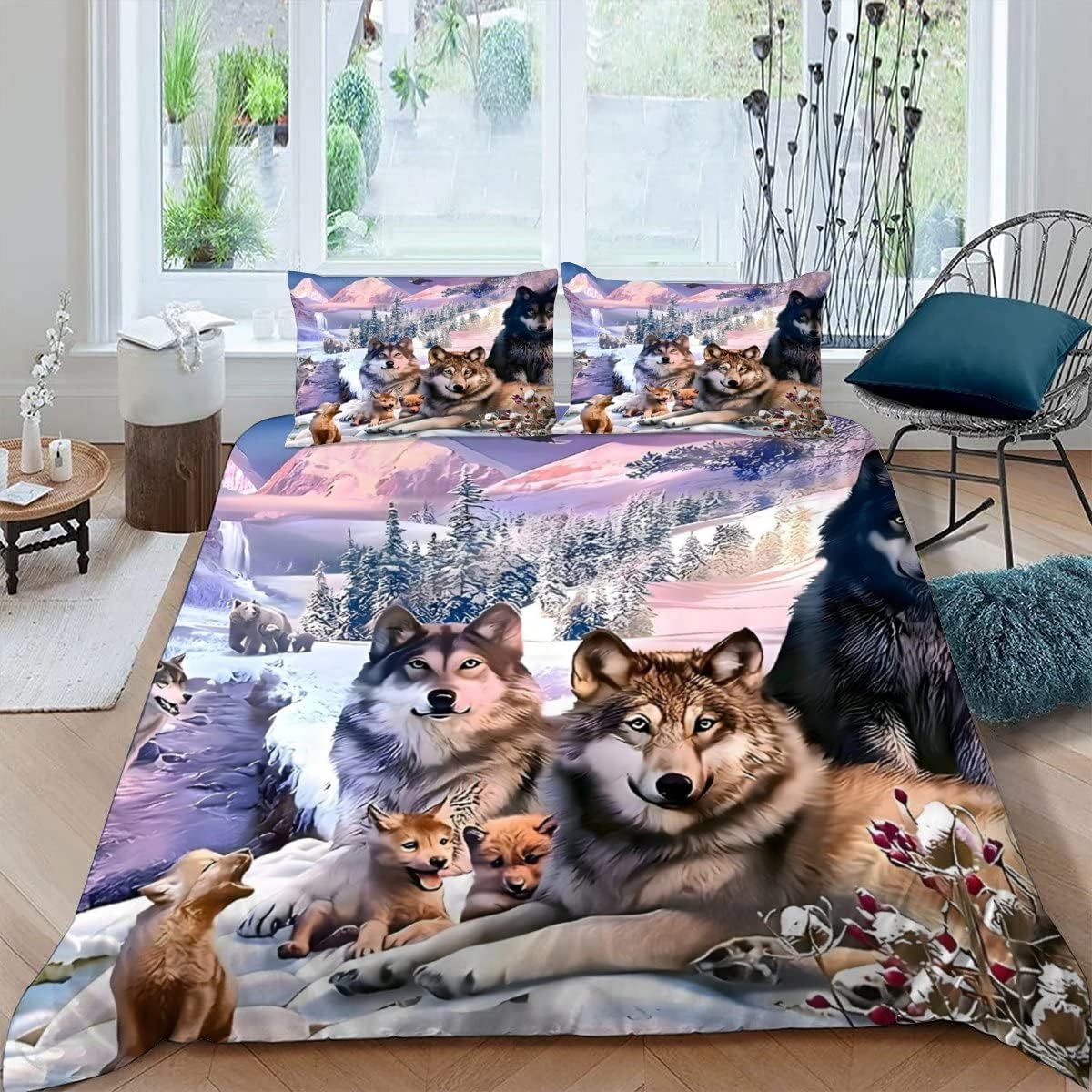 MEVASA King Bedding Set Wolf 3d Printed Girls Boys Adults Soft Microfiber Fluffy Breathable Kingsize Duvet Cover Set Forest Animal Wolf Bedding King Size with 2 Pillow Cases /230x220