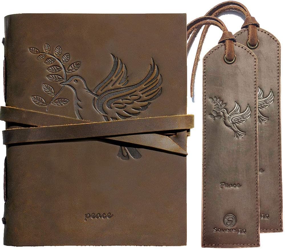 Leather Journal Dove of Peace Notebook Embossed Handmade Travel Diary A5 8x6" + 2 Pack Matching Leather Bookmarks - Perfect for Men Women and Kids | Leather Gifts for Bookworms Writers and Friends