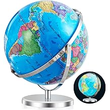 LDAILY Illuminated World Globe with Stable Stand Base, Educational Interactive Clear Map and Built-in LED Night Light, 720 Rotating Light up Globe for Children, Adults, Classroom, Home & Office Desk