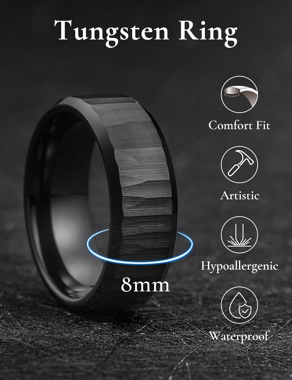 King Will 8mm Mens Hammered Tungsten Rings Matte Brushed Finish Beveled Edges