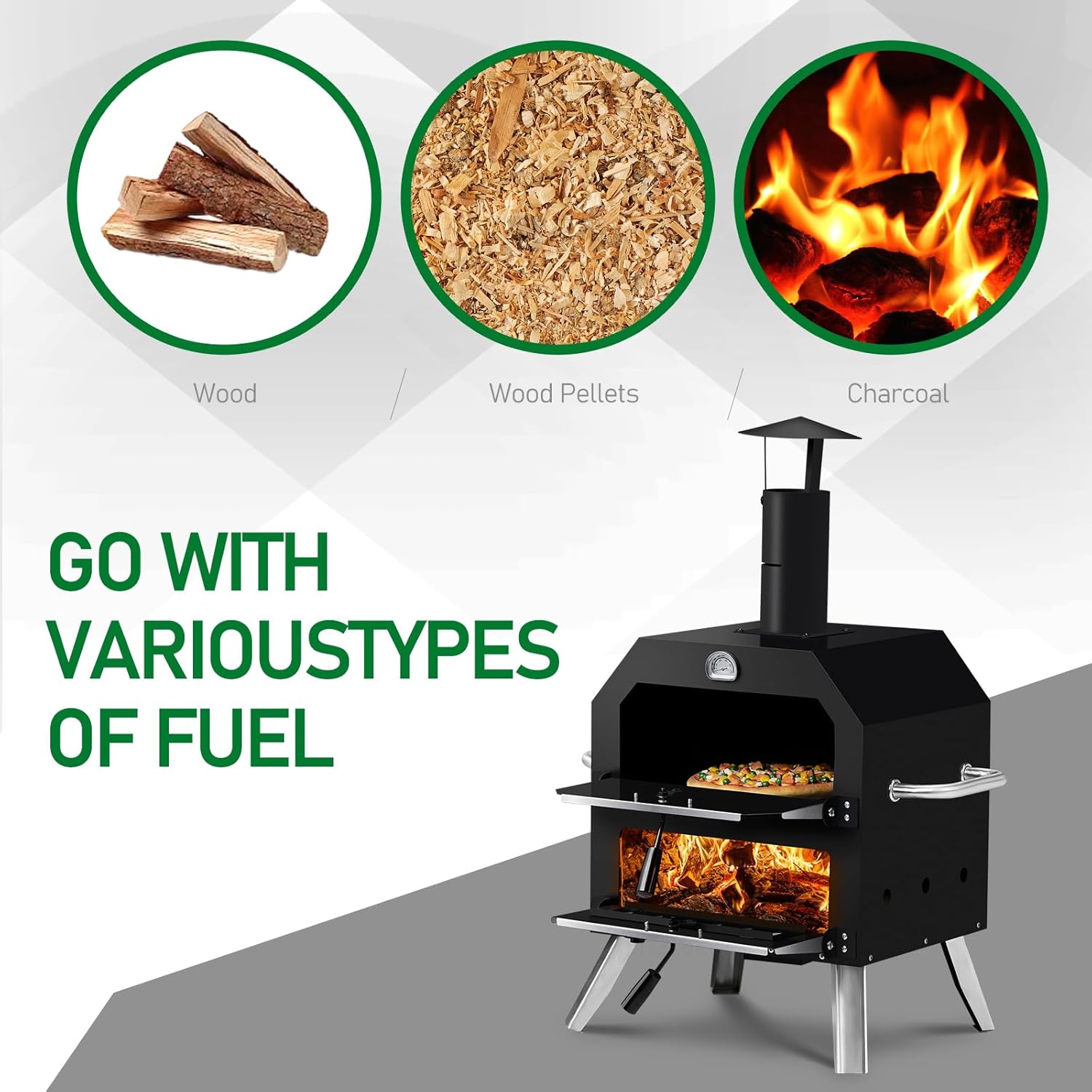 Outdoor Pizza Oven Wood Fired Portable 2-Layer Outside Pizza Maker with Pizza Stone, Peel and Grill Racks, Wood Burning Charcoal Pellet Pizza Oven for Backyard BBQ Camping, Built-in Thermometer