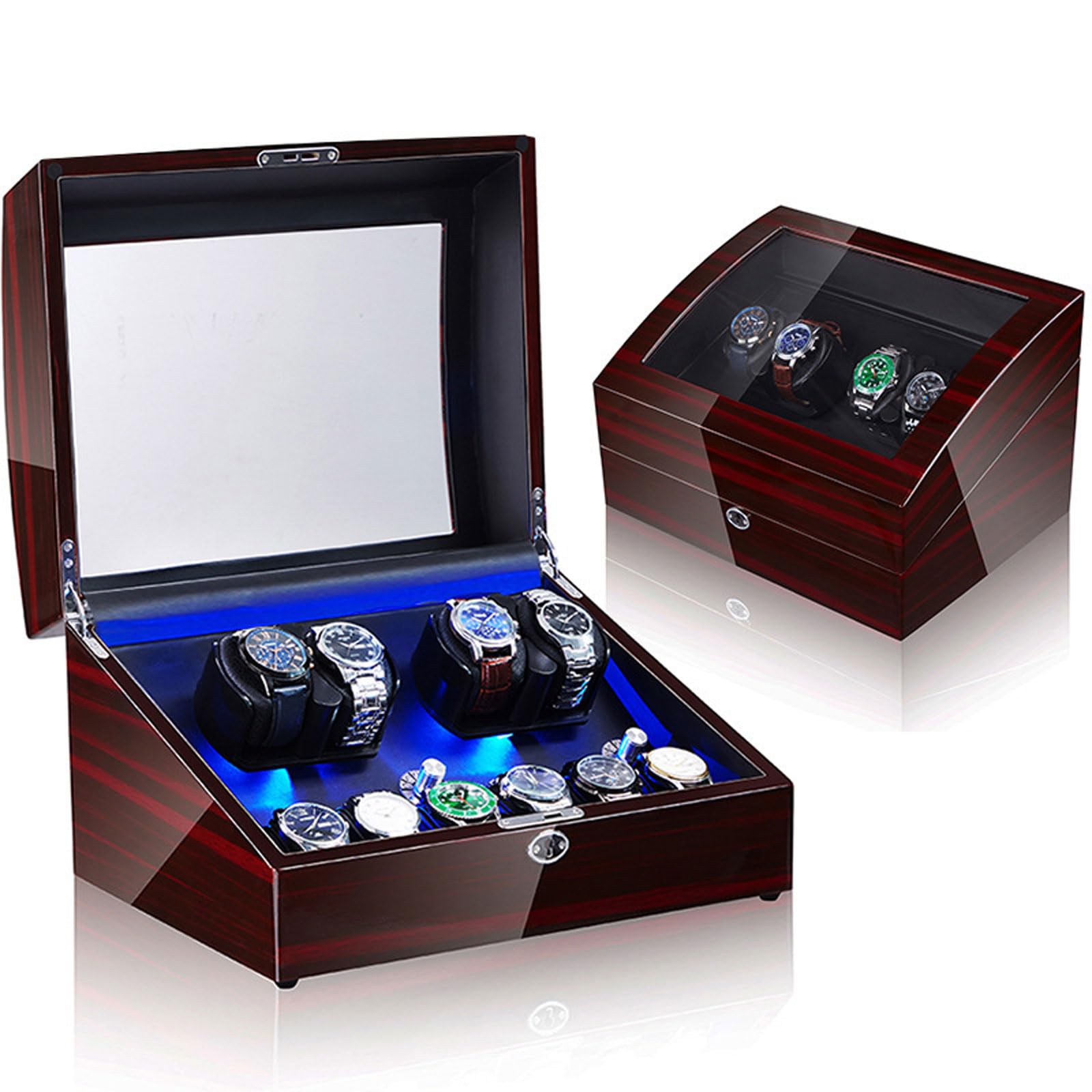 CGCSYZ Watch Winder For Automatic Watches 4 Watch Rotator And 6 Extra Storages,5 Rotating Modes Lockable Automatic Winders LED Backlight,Super Quiet Motor (4+6 Sandalwood + Inner Black X)