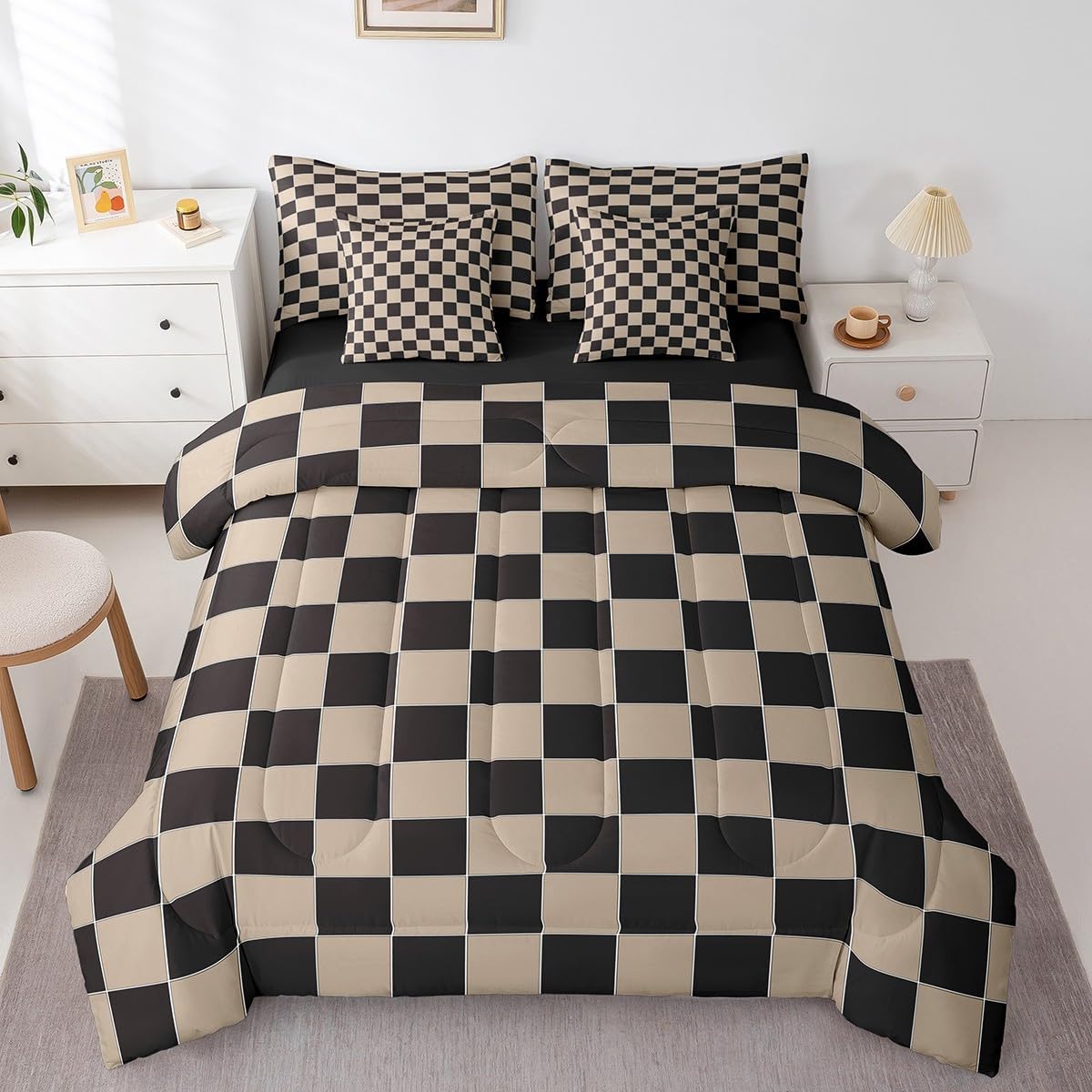 Erosebridal White Sage Green Checkered Queen Bedding Set 7 Piece Buffalo Plaid Grid Comforter Set with Sheets for Kids Adults Men Women Checkerboard Bed in A Bag Aesthetics Gingham Bed Set