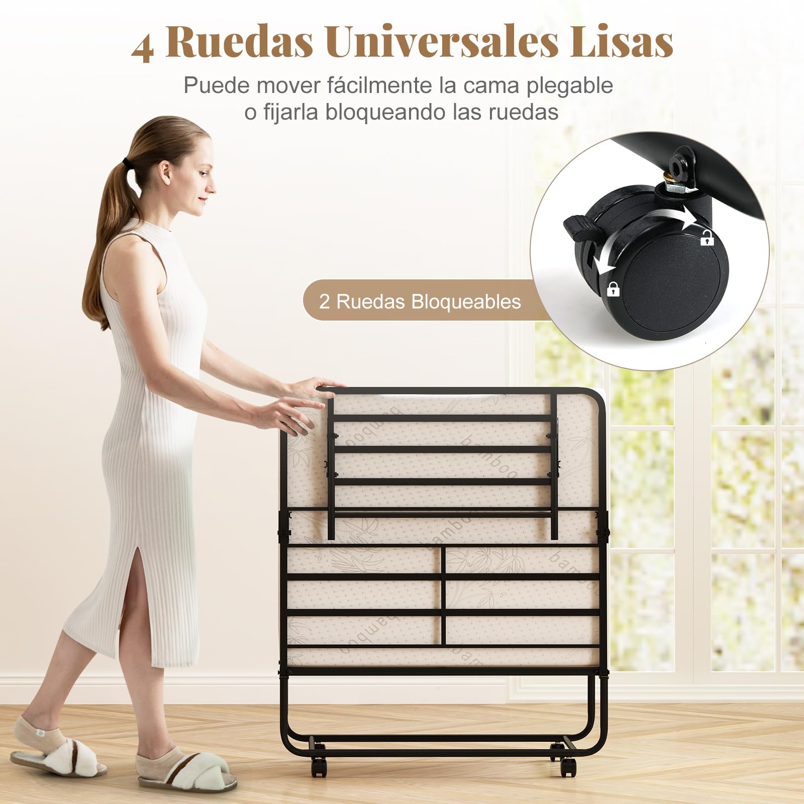 COSTWAY Cama Plegable con Colchón 90X190 cm, Cama Supletoria Plegable con 4 Ruedas, Estructura Metálica, Cama Individual Adultos y Niños Invidados, Carga 220kg