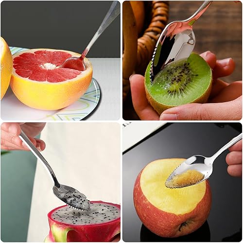 Miniatura 5 de Cucharas y cuchillos de pomelo, 4 cucharas de acero inoxidable y 1 cuchillo curvado con borde dentado, juego de utensilios de frutas cítricas para