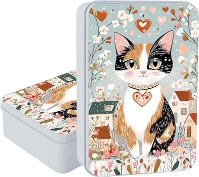 Large Metal Tins Box-7.1  x4.7 x2  Rectangular Empty Storage Box With Lid Decorative Organizer Storage Tin Case For Office/Cookie/Candy/Jewelry/Photo/Letter-Floral Cat