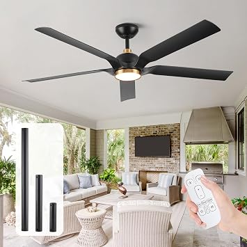 60 Inch Outdoor Ceiling Fans with Lights, Black Large Ceiling Fan with Quiet Reversible DC Motor, 3 Color Temperature Damp Rated Outdoor Patio Fan, Modern Industrial Ceiling Fan for Living Room Office