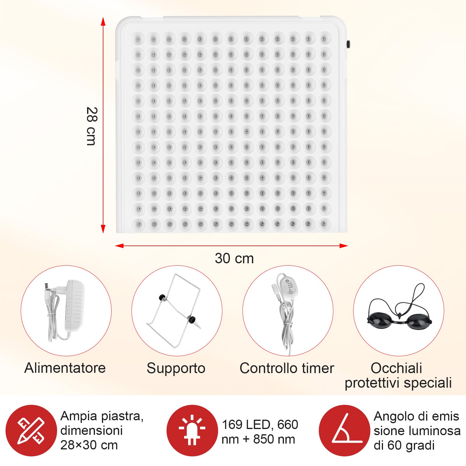 Lampada Rossa In-frarossa 660nm & 850nm, Pannello Viso & Corpo | Lampada in-frarossa a 169 LED con supporto e timer, ideale per rilassamento muscolare e cura della pelle