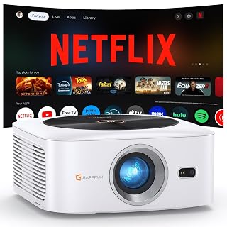 1500 ANSI Official Licensed Netflix Outdoor Projector 4K Full HD, Smart Projector with Wifi and Bluetooth, Auto Focus, Dolby Sound, Built-in Apps, HAPPRUN Indoor Home Theater for Phone/PC/PS5 - Amazon product rated Grade A