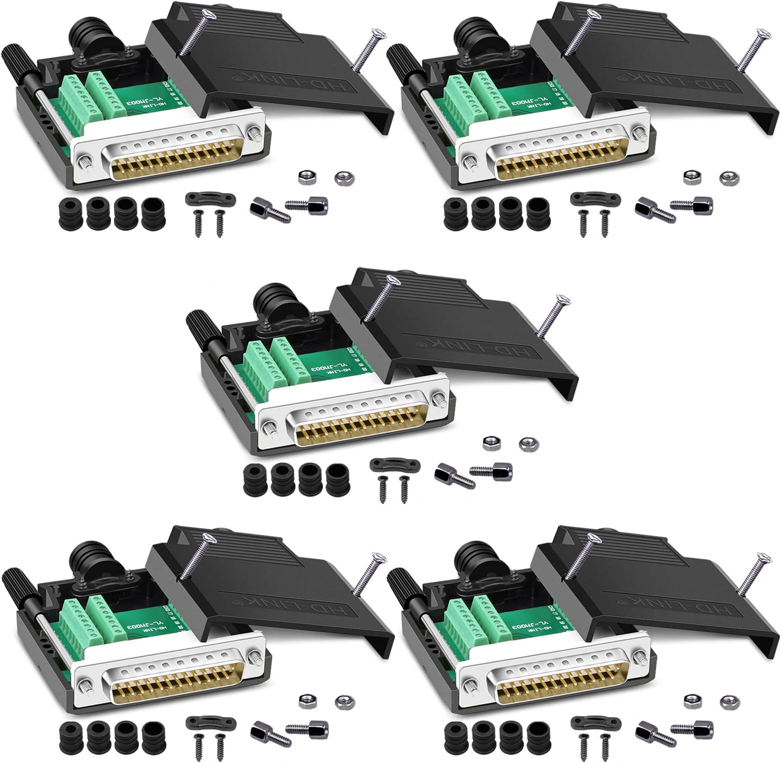 5PCS DB25 Solderless Connector, RS232 D-SUB Serial to 25-pin Port 16mm Thinner Terminal Male Adapter Breakout Board with Case Long Bolts Nuts