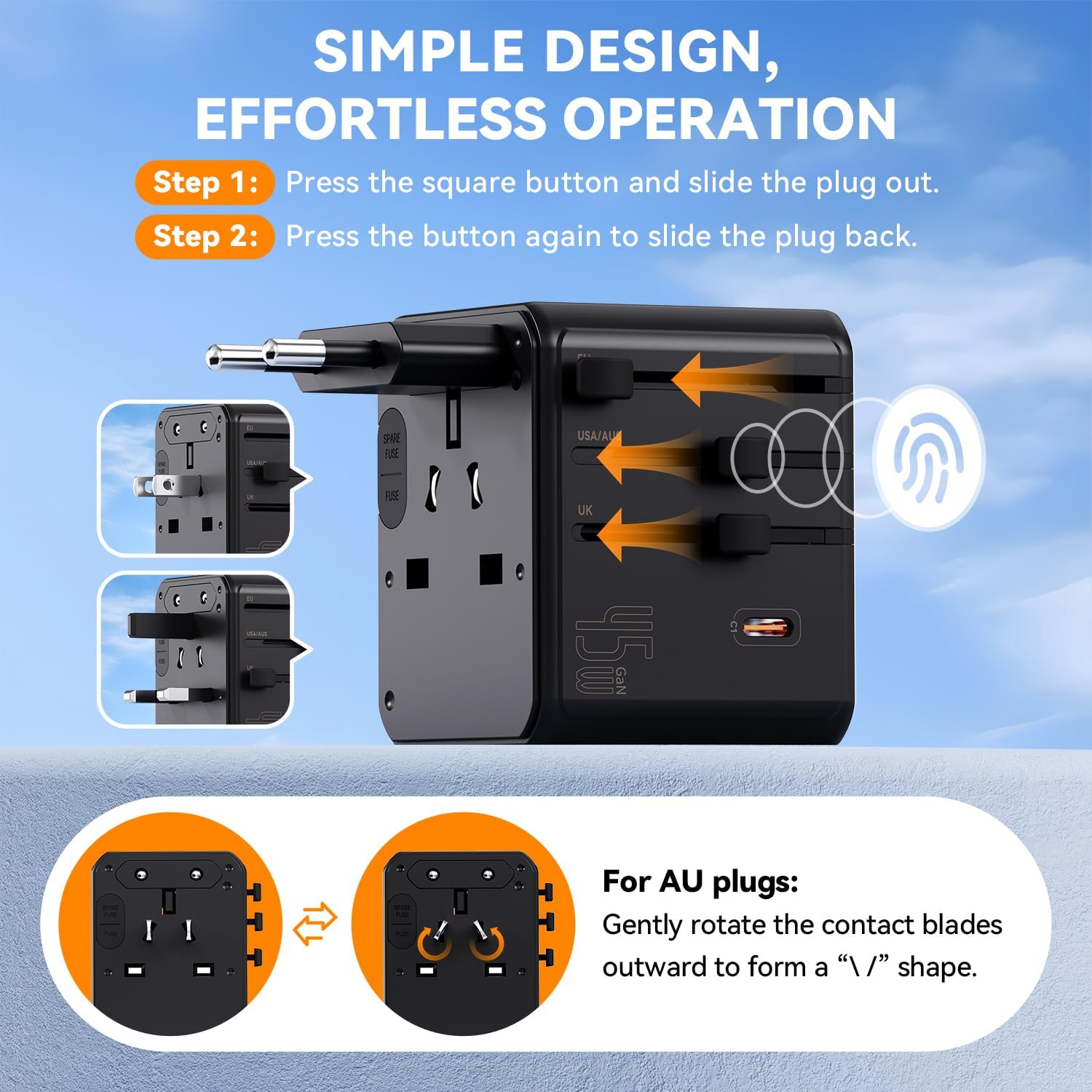 Auxmir Universal Travel Adapter, 45W PD Fast Charging Travel Plug Adapter | 3 USB‑C, 2 USB‑A, 3 AC Outlets, Compact GaN Design, Dual‑Fuse, Fire‑Resistant, Safety Shutters, Black