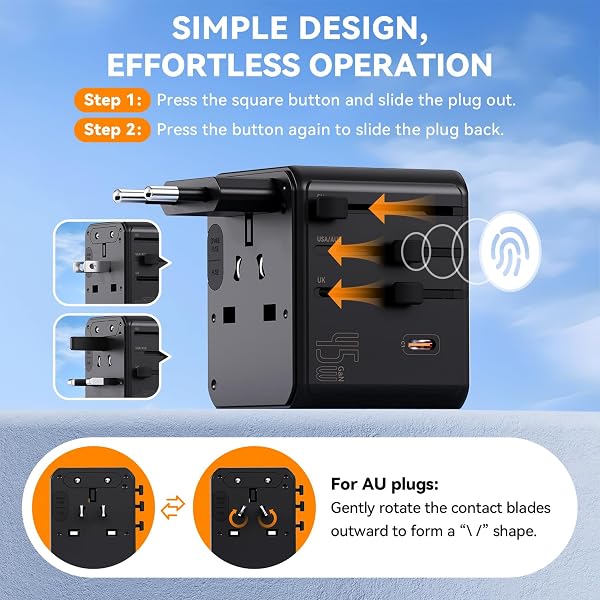 Auxmir Adaptador Enchufe Universal, Adaptador Internacional con 3 USB-C y 2 USB-A (PD 45W), Adaptador Universal para Europa, Reino Unido, Estados Unidos, Canadá, Australia (212 países), Negro - 3