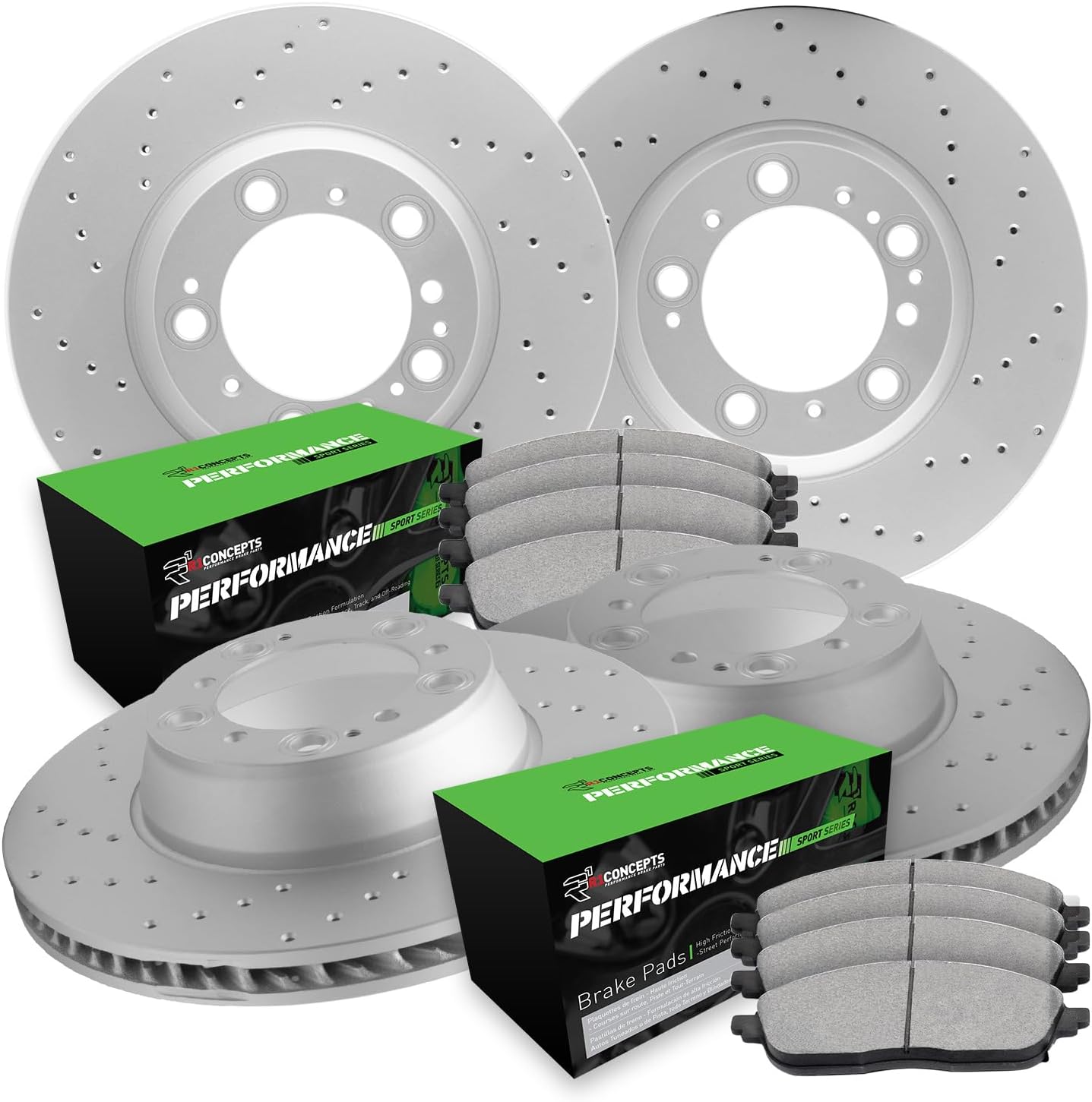 R1 Concepts Front and Rear Brakes and Rotors| Drilled Brake Rotors| Front and Rear Performance Sport Brake Pads and Rotors Kit| Automotive Replacement Brake Kits WMSN2-67045