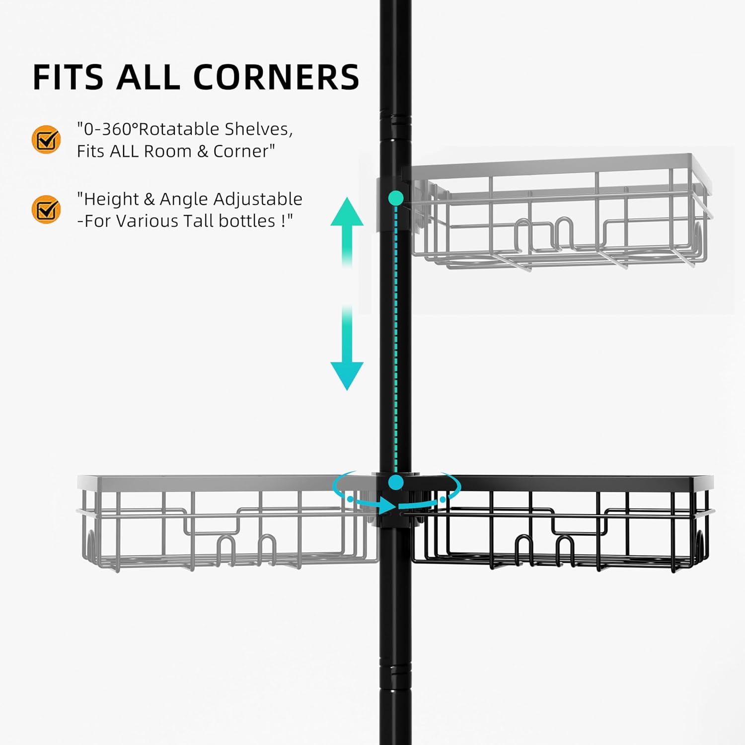 Corner shower storage pole, six-tier bathroom storage rack, height adjustable 30-120 inches, black carbon steel, with toothbrush cup, soap dish, towel storage pole, razor holder, hooks.