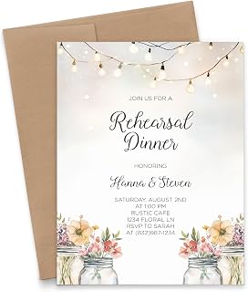 Rustic Wedding Rehearsal Dinner Invitations With Envelopes, Floral Rehearsal Dinner Invitations With Flowers, Custom Rehearsal Dinner Invites For Weddings, Your choice of Quantity and Envelope Color