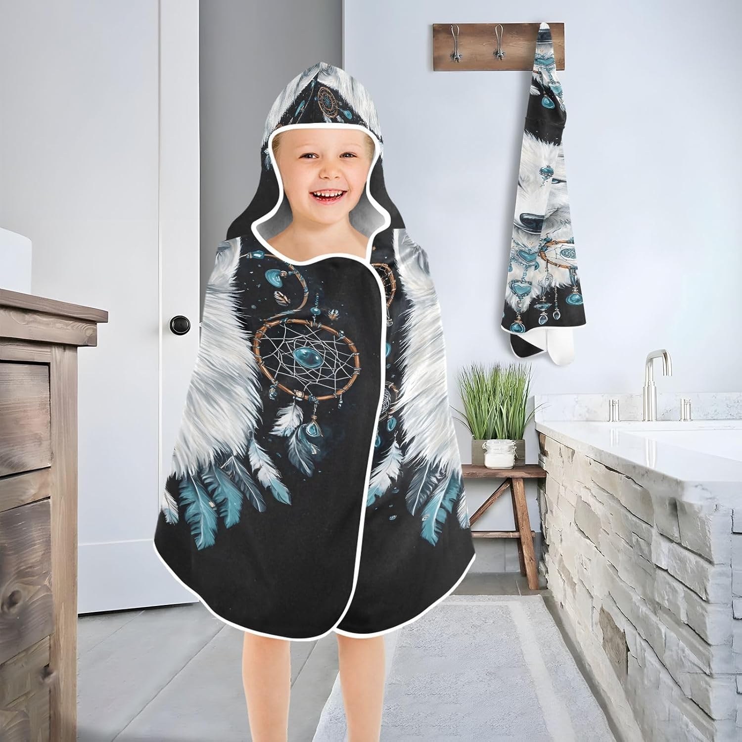 Heart Boho Feathers Wolf Kids Bath Towels Hooded Poncho, 50x23.5in Quick Dry Beach Towels for Boys Girls Toddlers, Soft Absorbent Baby Bath & Hooded Towels Cape for Swimming Bathroom