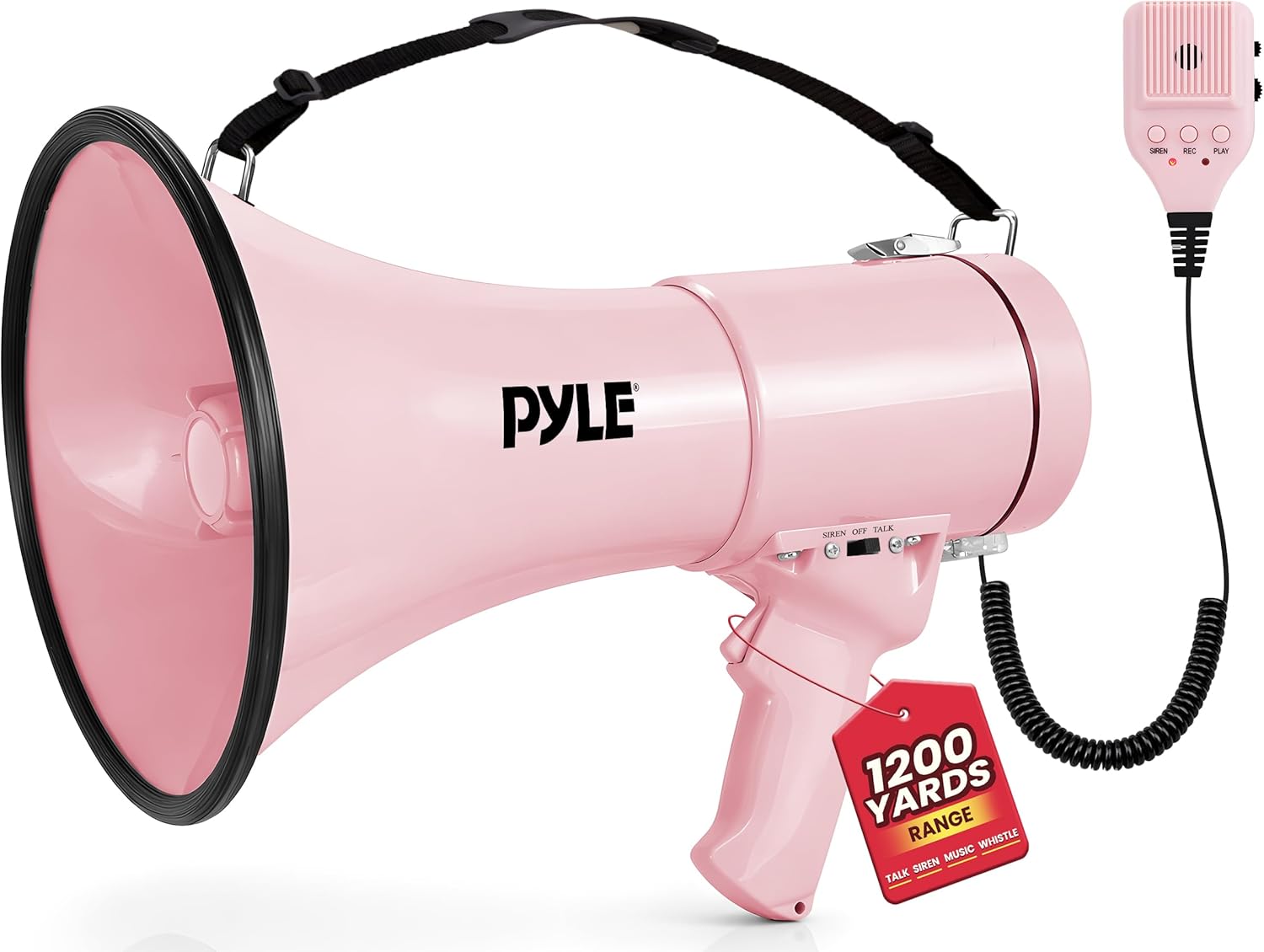Pyle 50W Megaphone Bullhorn - Portable, Automatic Siren & Adjustable Volume, Projection Range Up to 1200 Square Yards, Aux Input, Talk, Siren, Music, Whistle, & Record, Shoulder Strap
