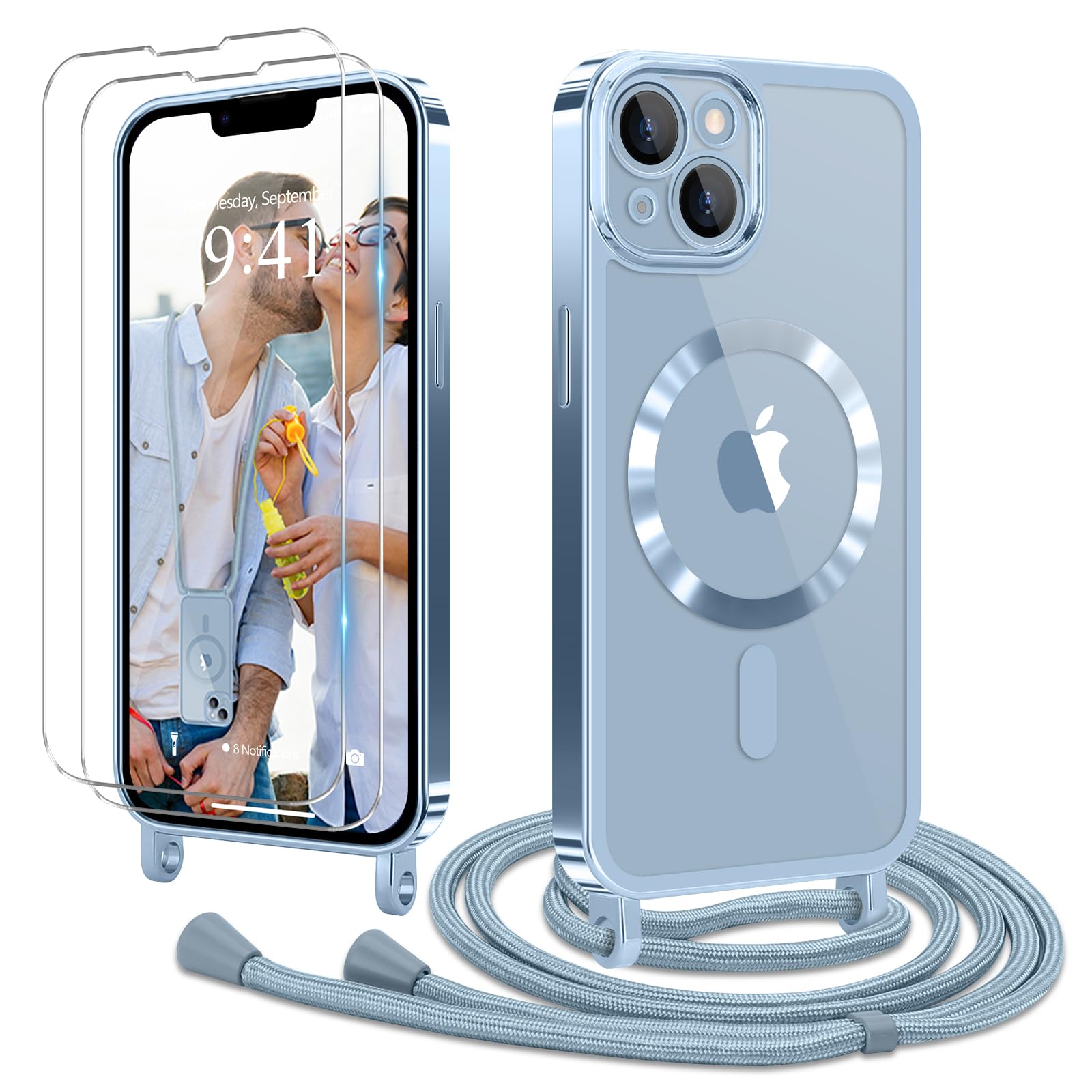 Ethanger Handyband für iPhone 13 iPhone 14 mit Band + 2 Stück Glas Schutzfolie Transparent Silikon Handyhülle Magnetische Schutzhülle zum Kordel für iPhone 13/14 Blau