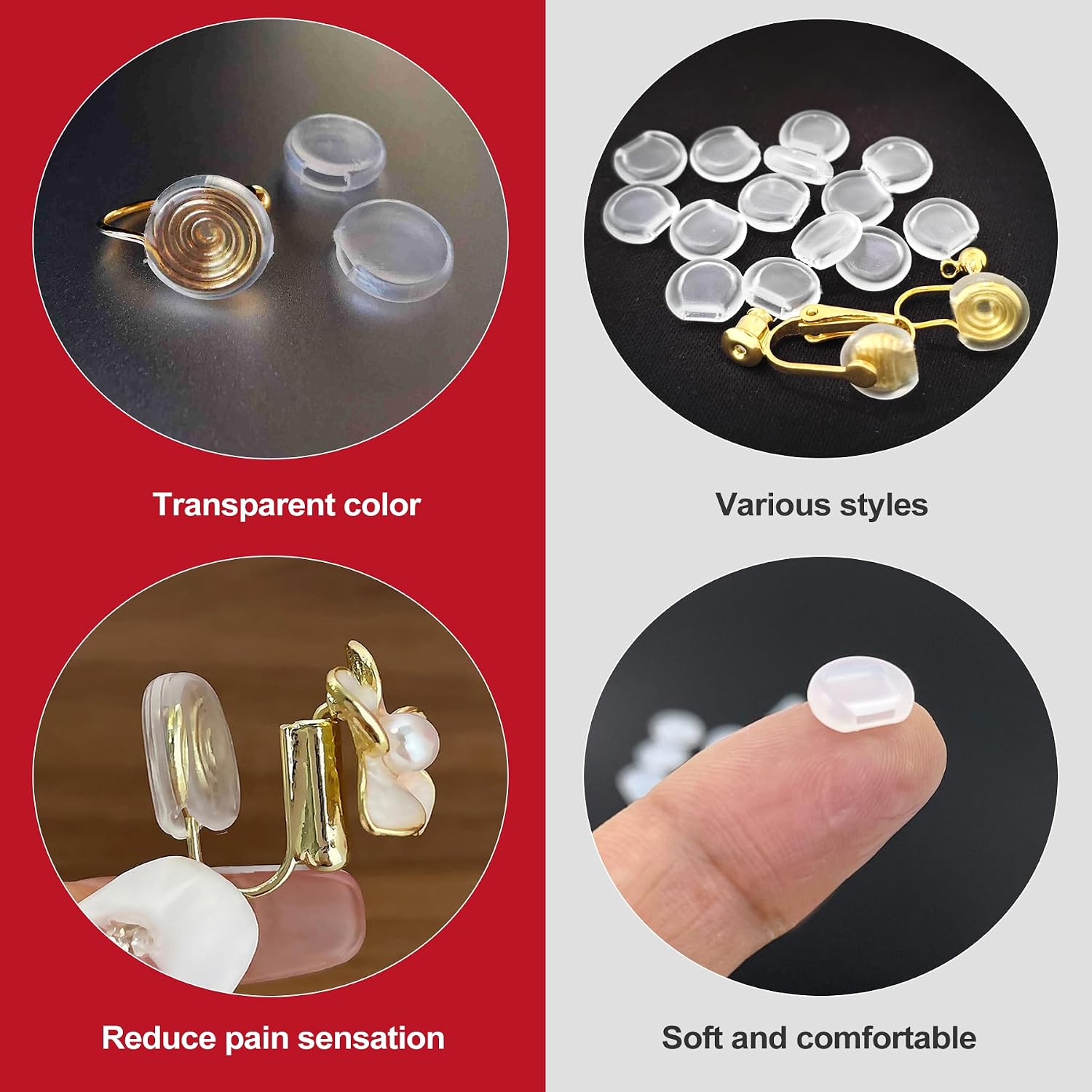 60-Piece 6-Size Clear Silicone Clip On Earring Pads - Soft Comfort Cushion and Comfort Cushion Support for Clip On Earring Backs and Converters, Hypoallergenic Earring Covers for Sports