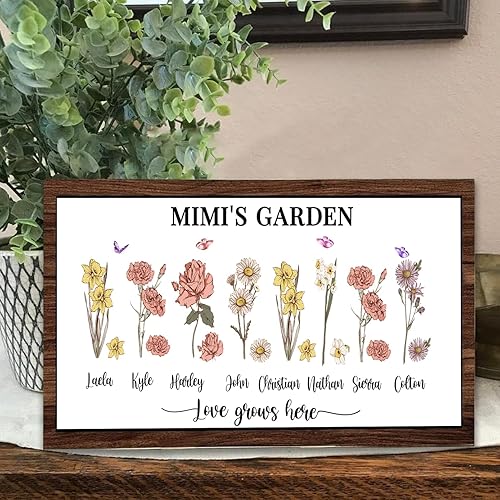 Miniatura 31 de Letrero personalizado para jardín de mamá con nombres de nietos y flor de nacimiento para regalo del Día de la Madre, regalos para abuela, letrero