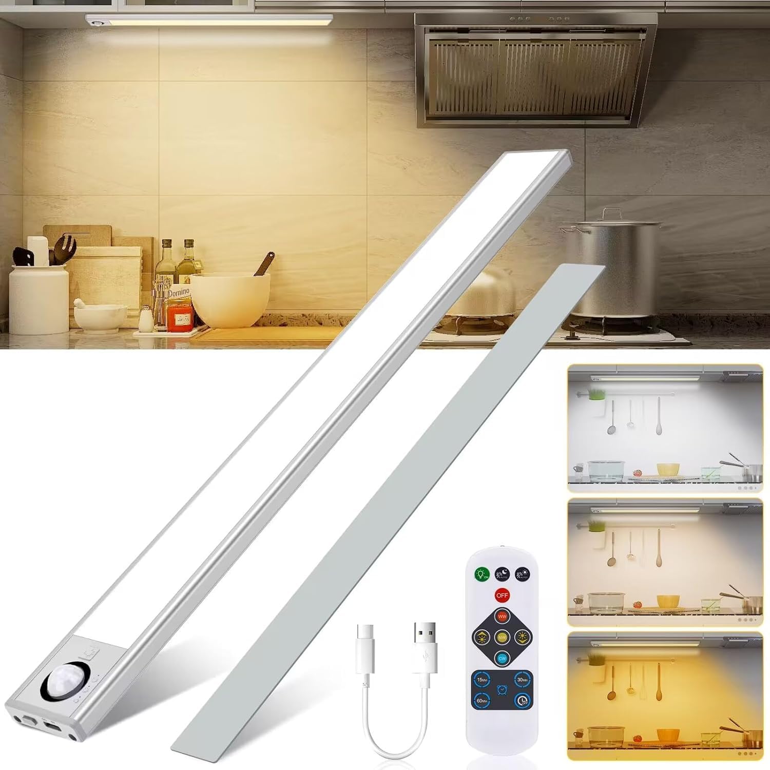 BOOTEEK 40CM Luz LED Armario con Sensor Movimiento, 4000mAh USB Recargable Lampara Armario Luz Nocturna con Control Remoto, 3Modos Regulable Magnética Luces LED Cocina para Gabinete,Pasillo,Escaleras
