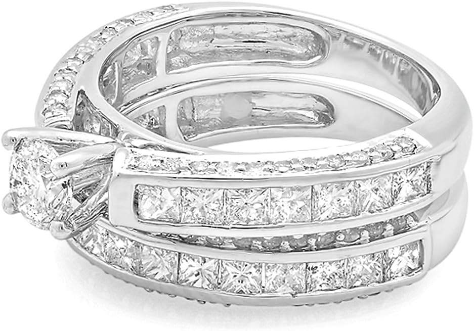 Dazzlingrock Collection 3.00 Ctw 14K Real Solid Gold Princess & Round Natural Diamond Women Bridal Engagement Ring Set with Band