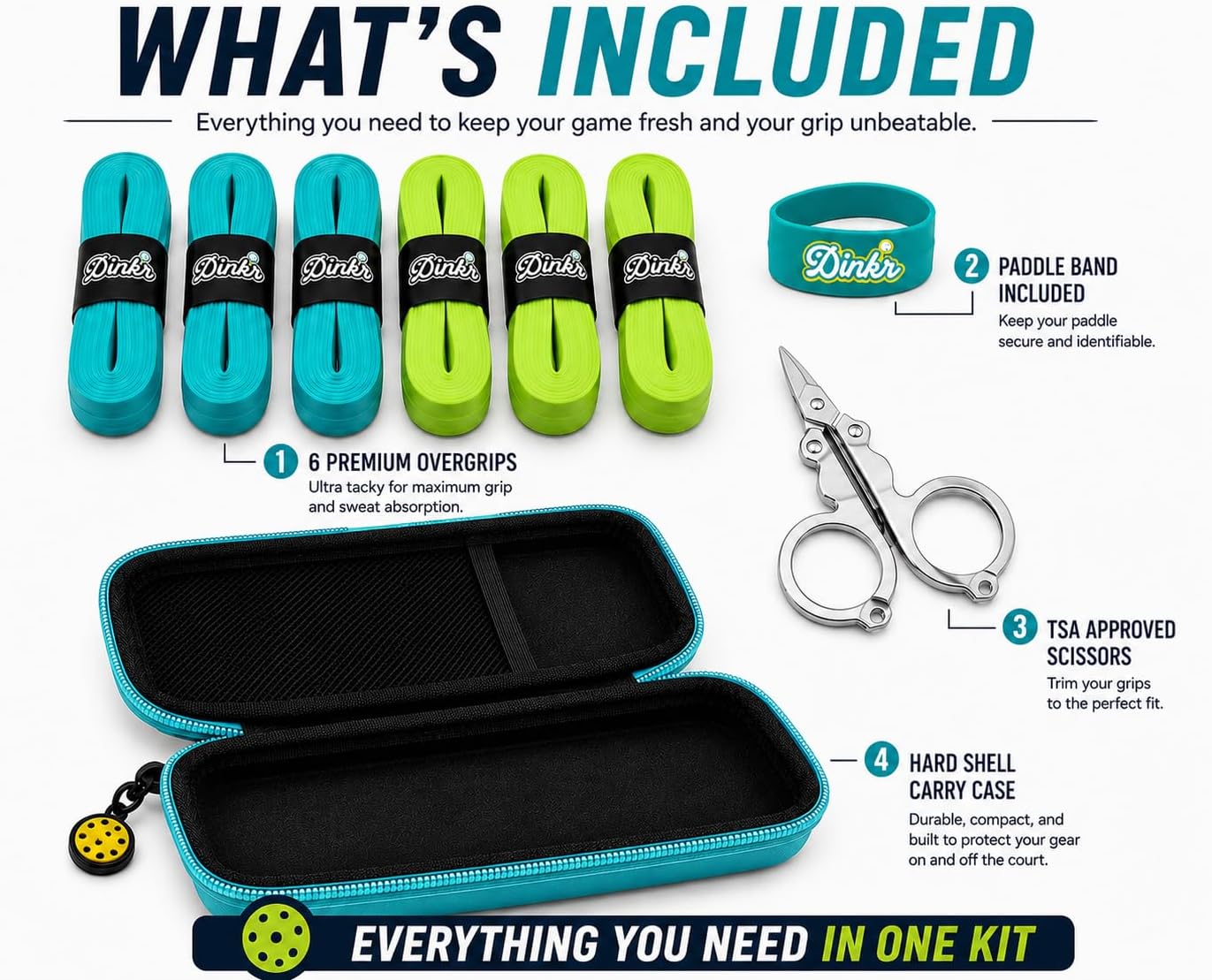 Dink'r Pickleball Grip Kit | 6 Premium Pickleball Overgrips (3 Green, 3 Blue) + TSA-Approved Scissors + Paddle Band | Non-Slip, Sweat-Wicking Overgrip Tape | Better Control & Fewer Blisters | balanced Dink'r Pickleball Grip Kit — 6 Overgrips, Scissors & Paddle Band