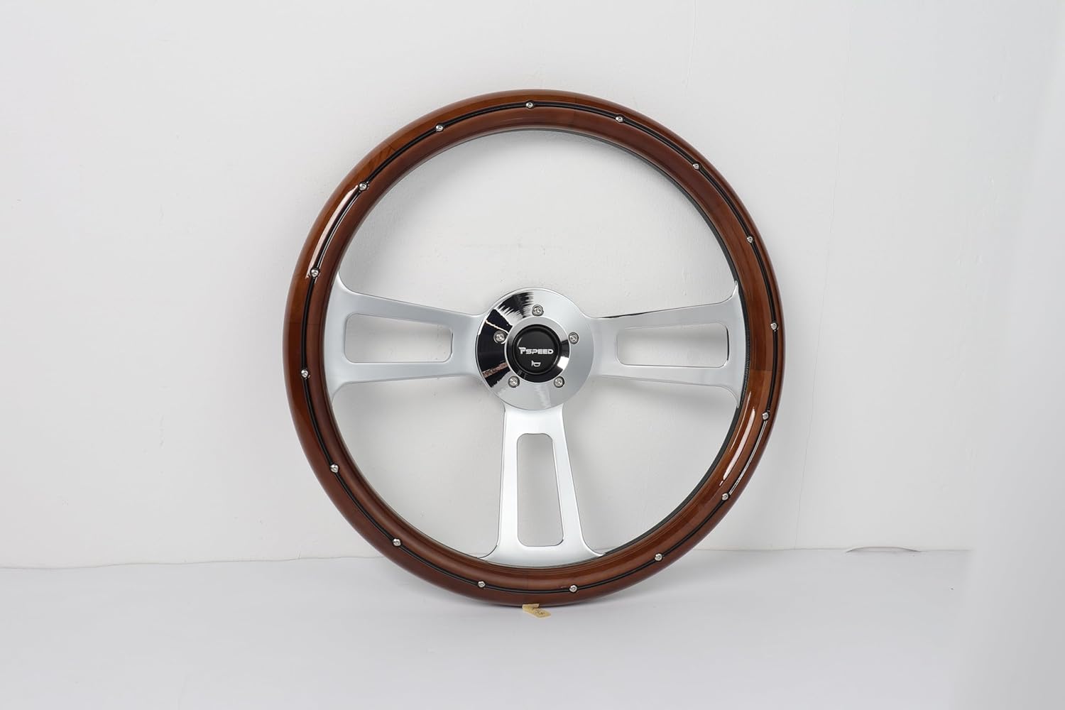 18" Solid Wood lacquering Truck Steering Wheel,Wood Grip 3 Spokes 5-Bolt Chrome-Plated aluminum Classic Steering Wheel fit for Kenworth,for Peterbilt,for Volvo,for Freightliner