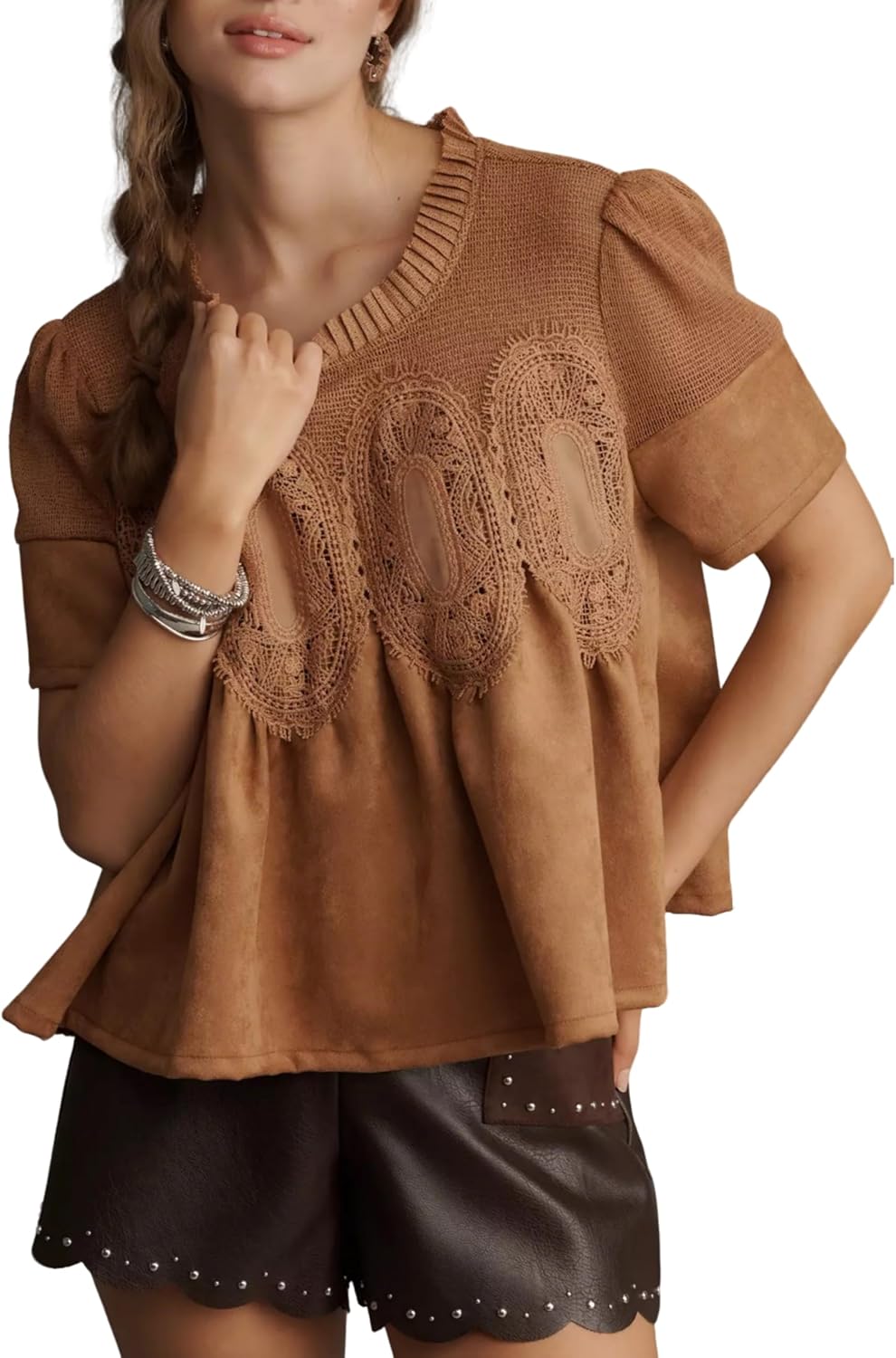 Women's Lace Detail Faux Suede Peplum Swing Tops Short Sleeves Crew Neck Babydoll Blouse